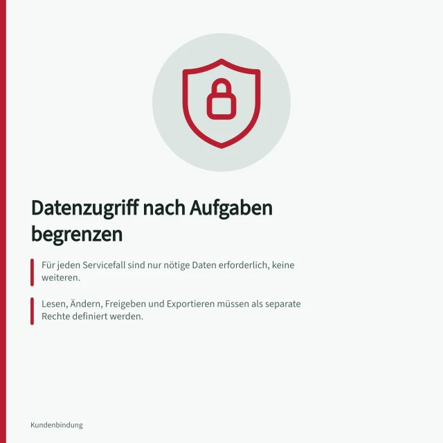 Datenzugriff nach Aufgaben begrenzen: Für jeden Servicefall sind nur nötige Daten erforderlich, keine weiteren.; Lesen, Ändern, Freigeben und Exportieren müssen als separate Rechte definiert werden.; Bei Aufgabenwechsel oder Austritt müssen Zugriffsrechte sofort überprüft und angepasst werden. Datenzugriff nach Aufgaben begrenzen: Rechte prüfen