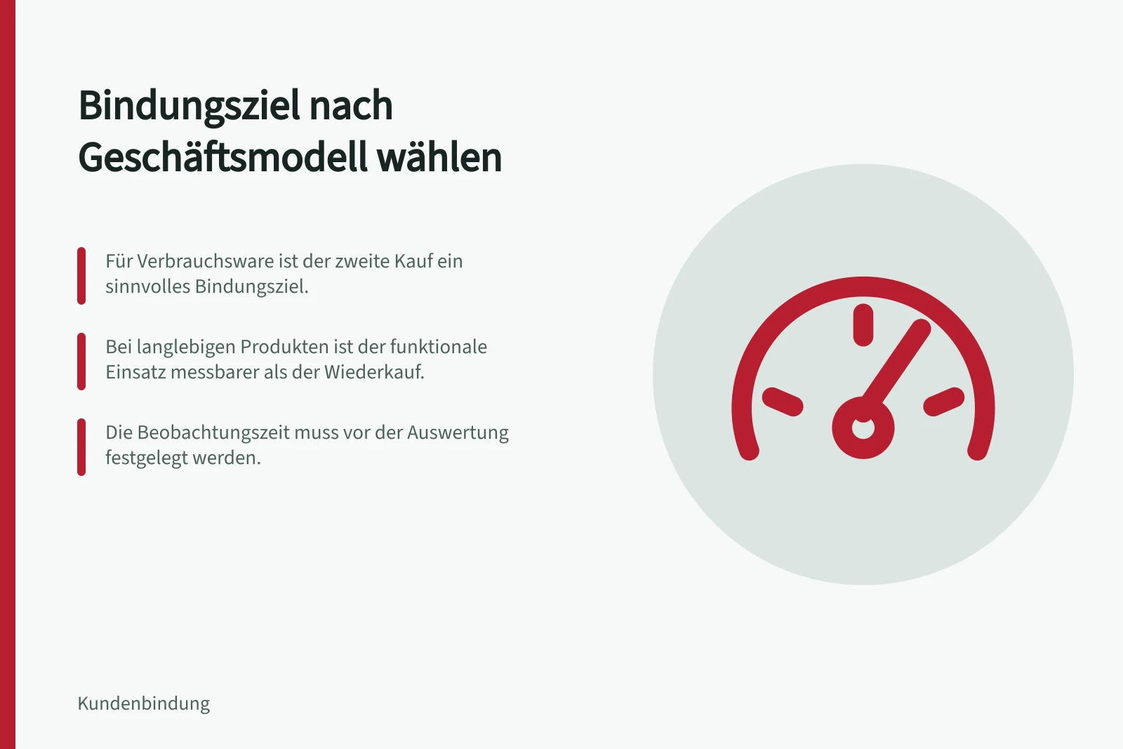 Bindungsziel nach Geschäftsmodell wählen: Für Verbrauchsware ist der zweite Kauf ein sinnvolles Bindungsziel.; Bei langlebigen Produkten ist der funktionale Einsatz messbarer als der Wiederkauf.; Die Beobachtungszeit muss vor der Auswertung festgelegt werden.