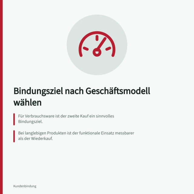 Bindungsziel nach Geschäftsmodell wählen: Für Verbrauchsware ist der zweite Kauf ein sinnvolles Bindungsziel.; Bei langlebigen Produkten ist der funktionale Einsatz messbarer als der Wiederkauf.; Die Beobachtungszeit muss vor der Auswertung festgelegt werden. Ein Bindungsziel nach Geschäftsmodell wählen