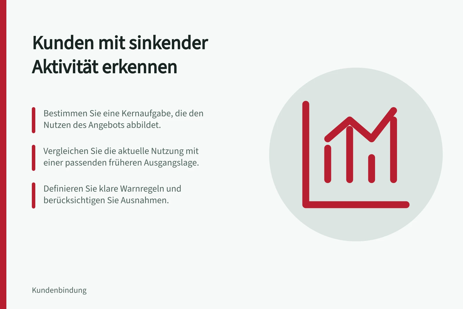 Kunden mit sinkender Aktivität erkennen: Bestimmen Sie eine Kernaufgabe, die den Nutzen des Angebots abbildet.; Vergleichen Sie die aktuelle Nutzung mit einer passenden früheren Ausgangslage.; Definieren Sie klare Warnregeln und berücksichtigen Sie Ausnahmen.