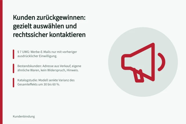 Kunden zurückgewinnen: gezielt auswählen und rechtssicher kontaktieren: § 7 UWG: Werbe-E-Mails nur mit vorheriger ausdrücklicher Einwilligung.; Bestandskunden: Adresse aus Verkauf, eigene ähnliche Waren, kein Widerspruch, Hinweis.; Katalogstudie: Modell senkte Varianz des Gesamteffekts um 30 bis 60 %. Kunden zurückgewinnen
