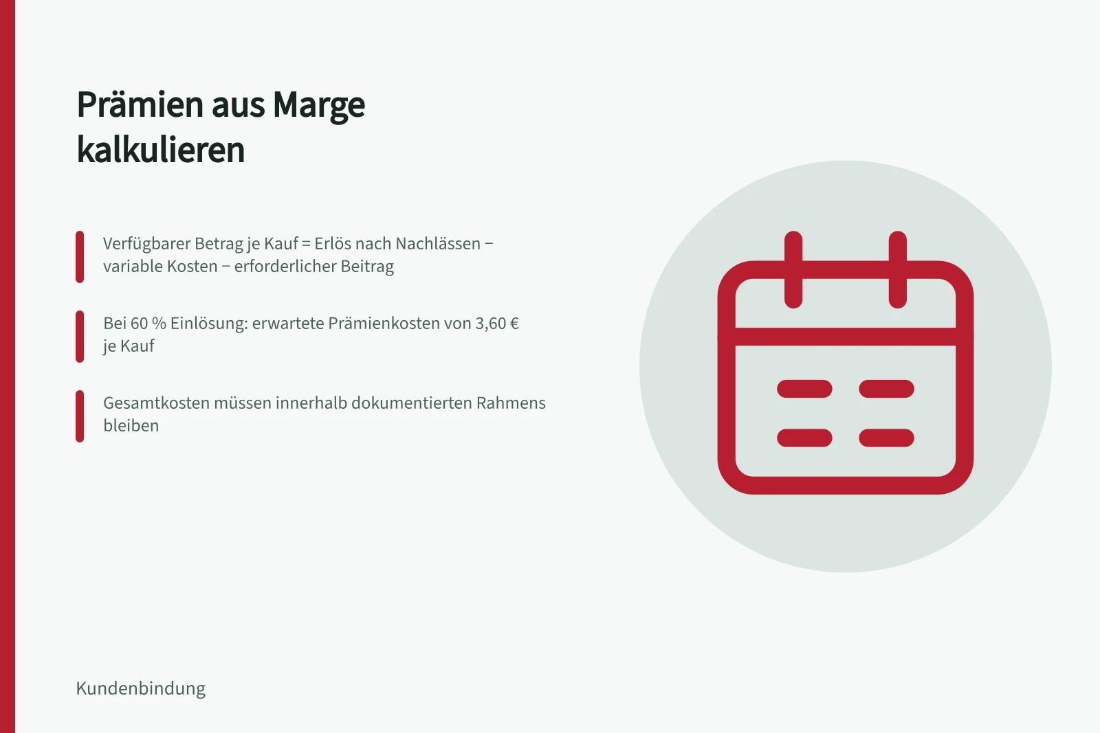 Prämien aus Marge kalkulieren: Verfügbarer Betrag je Kauf = Erlös nach Nachlässen − variable Kosten − erforderlicher Beitrag; Bei 60 % Einlösung: erwartete Prämienkosten von 3,60 € je Kauf; Gesamtkosten müssen innerhalb dokumentierten Rahmens bleiben