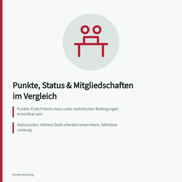 Punkte, Status & Mitgliedschaften im Vergleich: Punkte: Erste Prämie muss unter realistischen Bedingungen erreichbar sein.; Statusstufen: Höhere Stufe erfordert erkennbare, lieferbare Leistung.; Bezahlte Mitgliedschaft: Nutzen muss vorab klar und nachvollziehbar sein. Punkte, Statusstufen und bezahlte Mitgliedschaften vergleichen