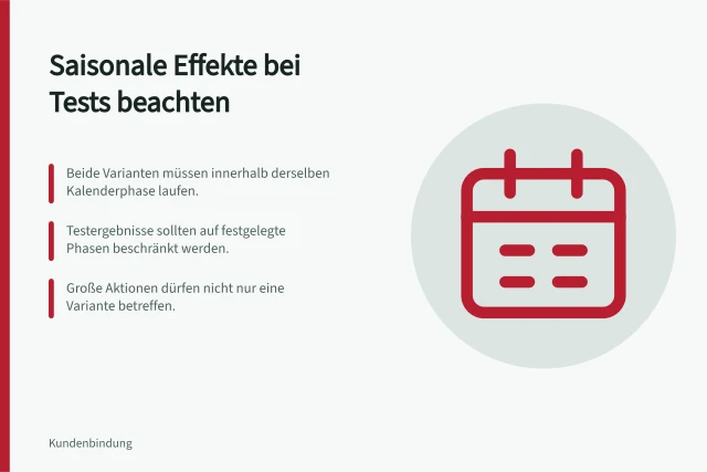 Saisonale Effekte bei Tests beachten: Beide Varianten müssen innerhalb derselben Kalenderphase laufen.; Testergebnisse sollten auf festgelegte Phasen beschränkt werden.; Große Aktionen dürfen nicht nur eine Variante betreffen. Saisonale Effekte bei Tests berücksichtigen