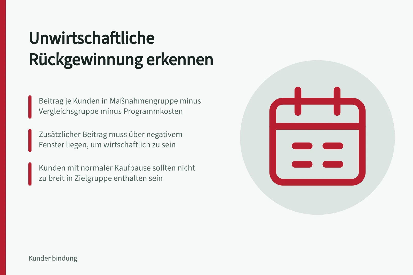 Unwirtschaftliche Rückgewinnung erkennen: Beitrag je Kunden in Maßnahmengruppe minus Vergleichsgruppe minus Programmkosten; Zusätzlicher Beitrag muss über negativem Fenster liegen, um wirtschaftlich zu sein; Kunden mit normaler Kaufpause sollten nicht zu breit in Zielgruppe enthalten sein